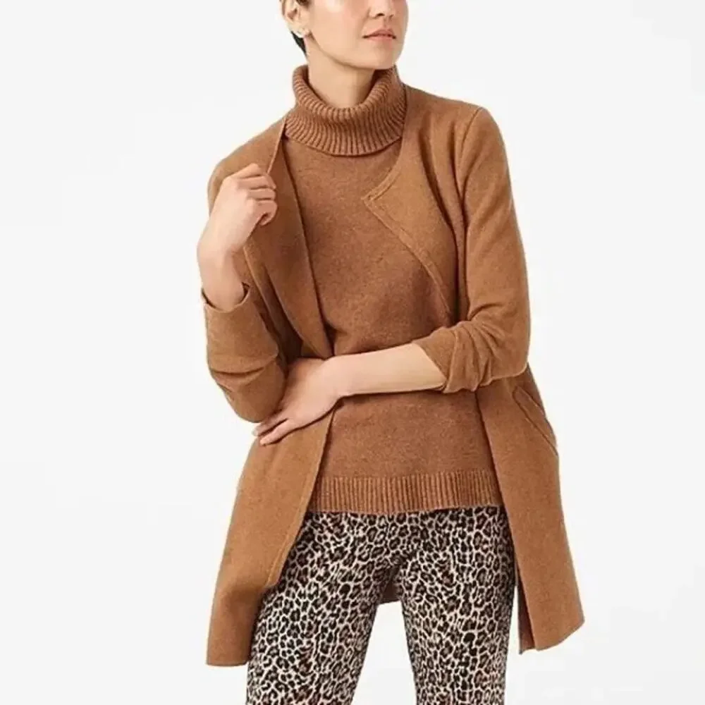 J. Crew Vanessa Cardigan Sweater Jacket Open Front Longline S Cotton Camel Tan